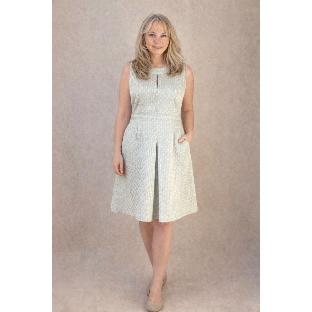 Lauren Ralph Lauren Aqua & Gold Metallic Brocade 60s Style cocktail dress 8